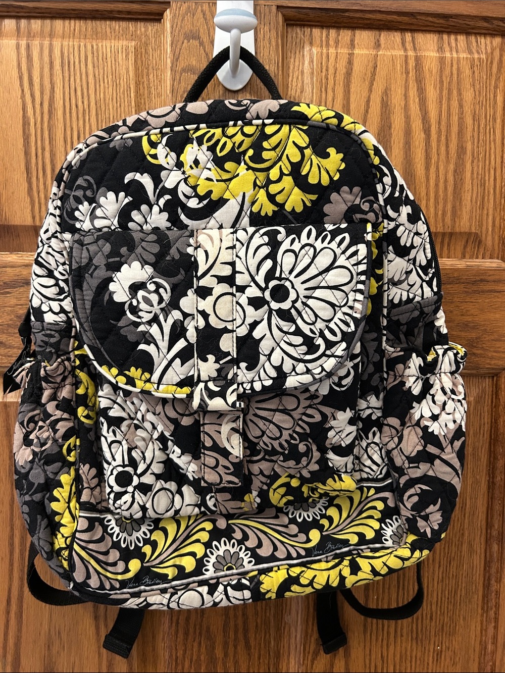 Vera Bradley Quilted Floral Backpack in Black, White & Yellow